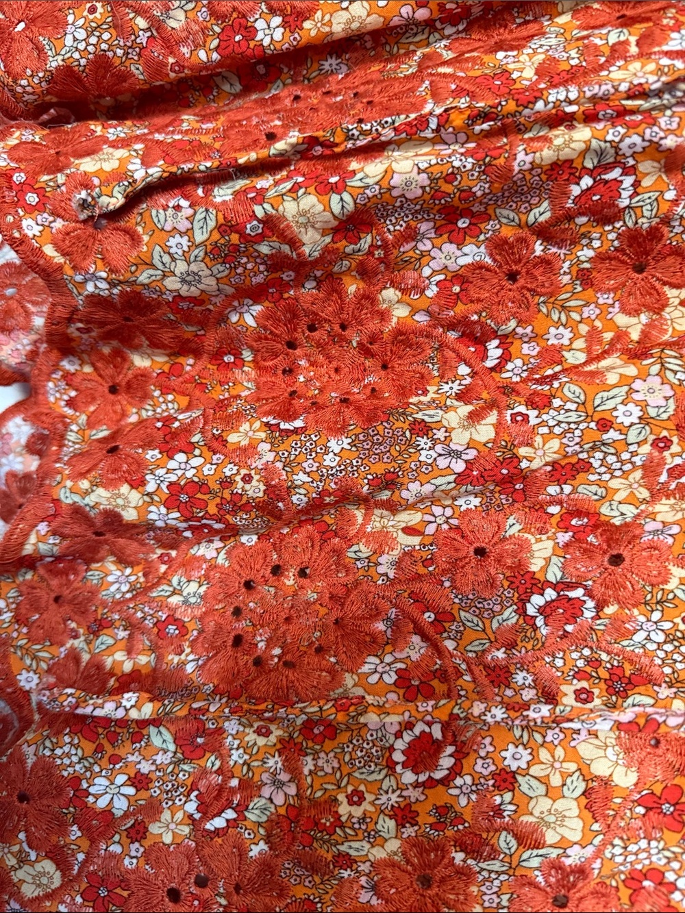 Solitaire Rust Floral Eyelet V-Neck Ruffle Sleeve Blouse - Picture 3 of 5